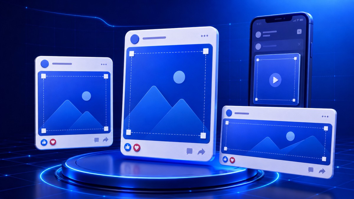 3D comparison of square, portrait, landscape, and vertical Facebook feed post formats