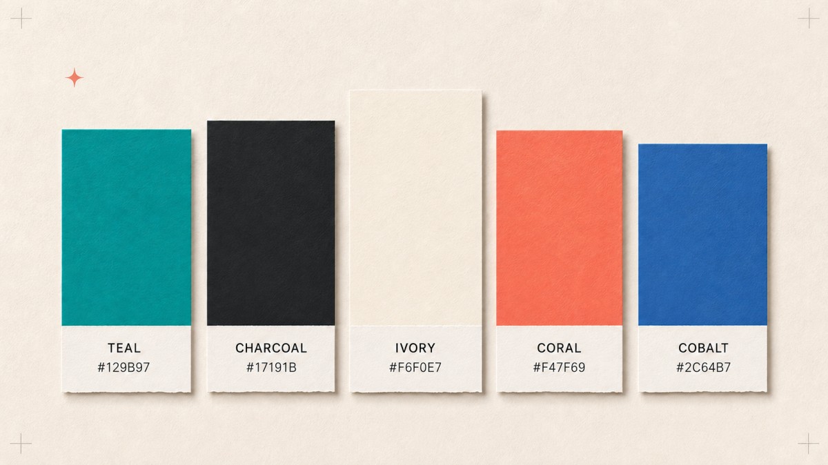  Five Zoviz brand color swatches showing teal, charcoal, ivory, coral, and cobalt with their hex codes.