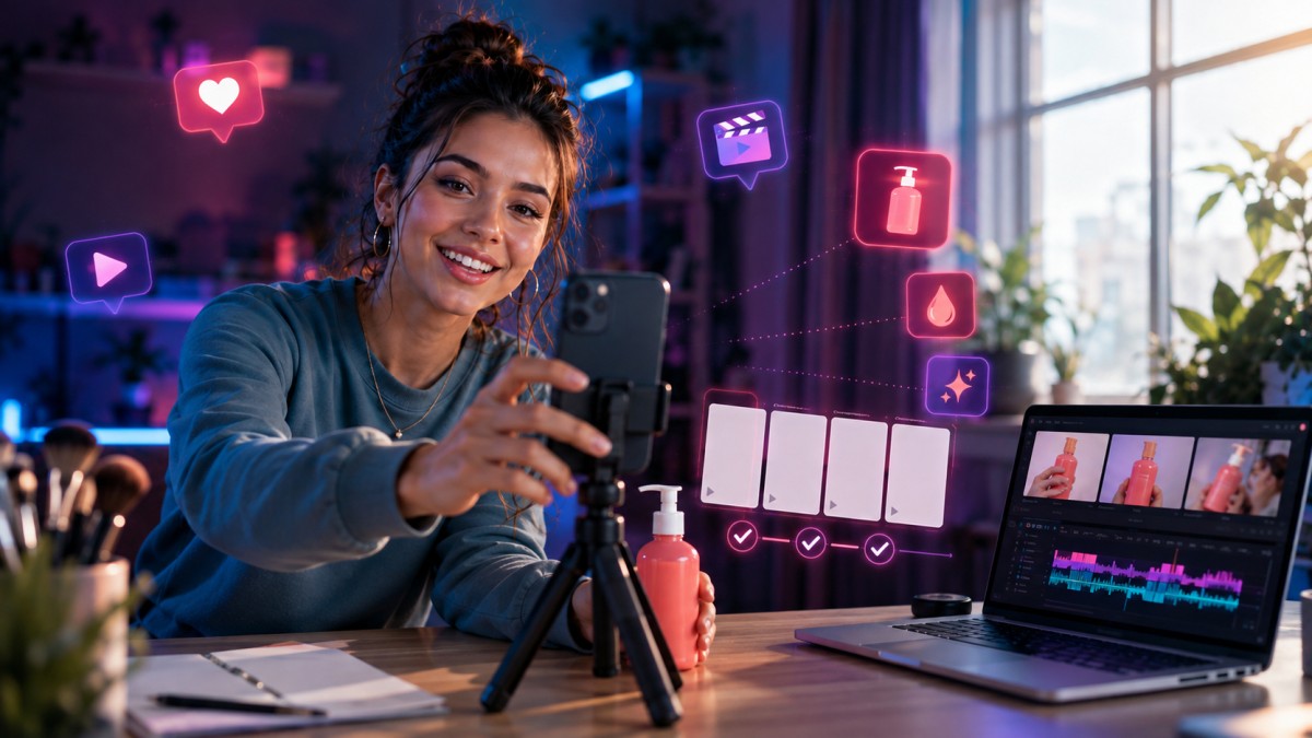 Content creator preparing a smartphone, product, and editing setup for a high-converting UGC ad