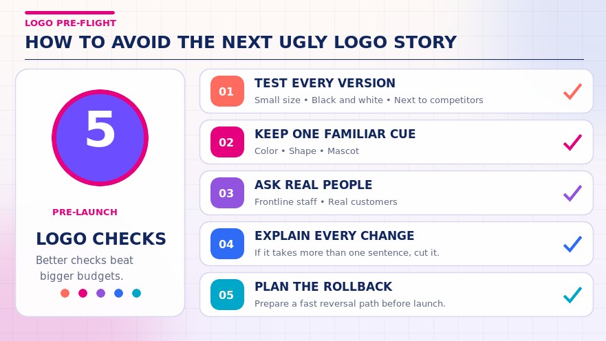 Five-step pre-launch logo checklist covering format testing, familiar brand cues, customer feedback, clear design rationale, and rollback planning. 