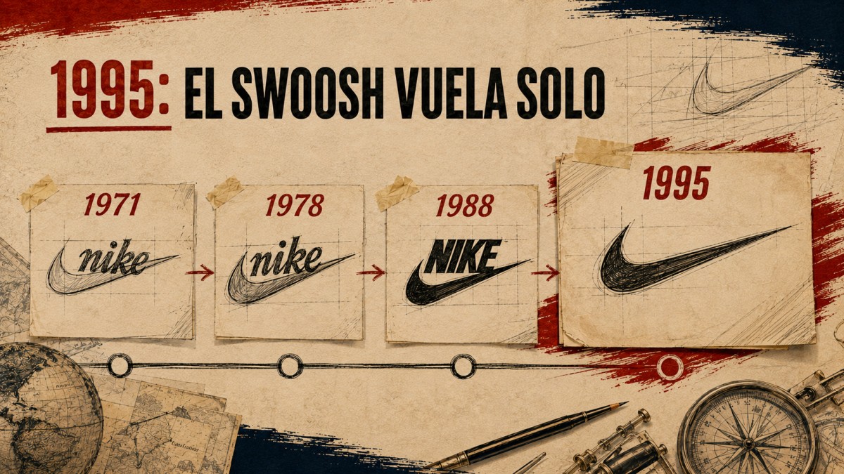 Evolución del logo de Nike entre 1971 y 1995, desde el Swoosh acompañado por el nombre hasta convertirse en un símbolo independiente.