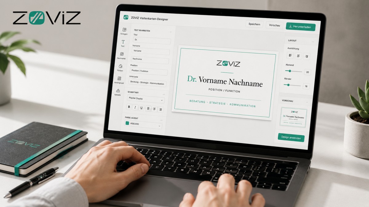 Hände gestalten am Laptop eine Zoviz-Visitenkarte mit akademischem Titel, Name und professionellem Layout.