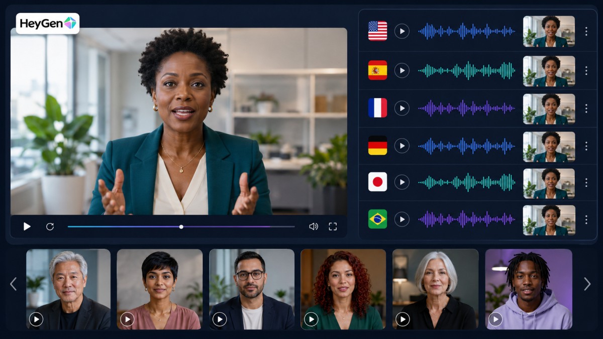 HeyGen interface showing a diverse AI avatar library and multilingual video translation with synchronized voice tracks.