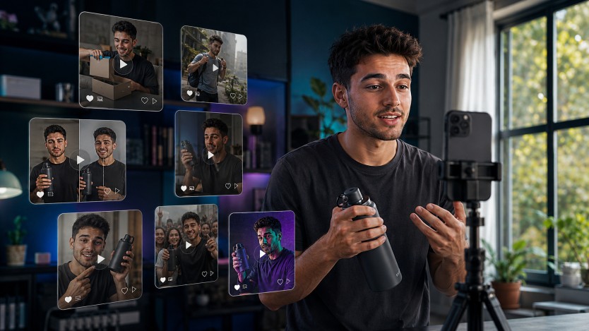 Male content creator filming an authentic product review on a smartphone, surrounded by visual examples of popular UGC video formats in 2026