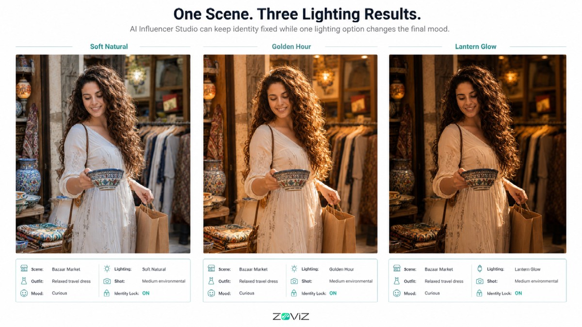 One Scene, Three Lighting Results