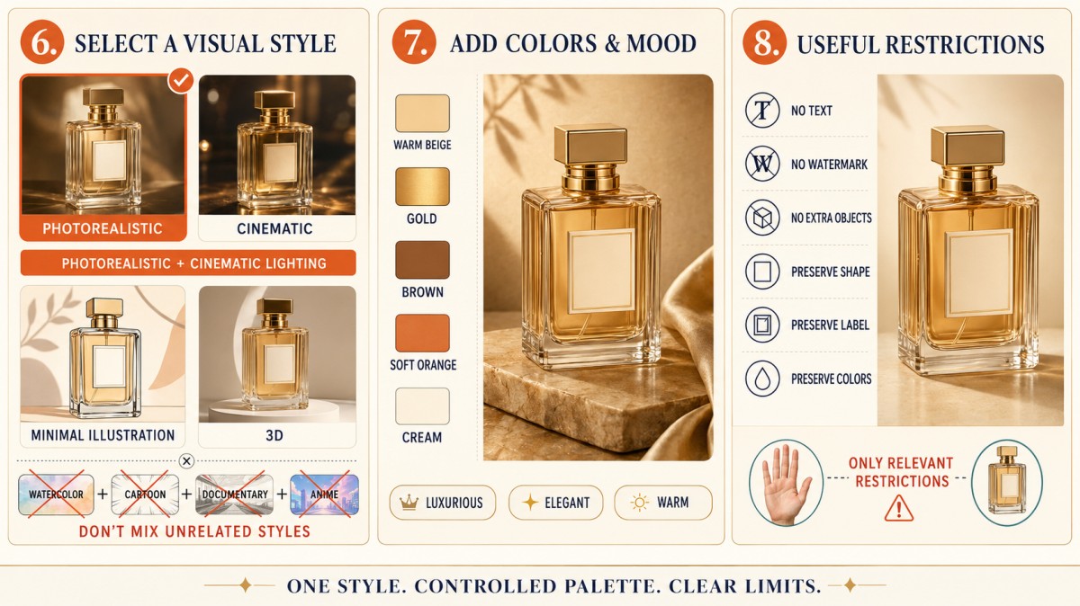 AI prompt guide showing how to choose one visual style, control the color palette and mood, and add relevant restrictions while preserving product consistency.