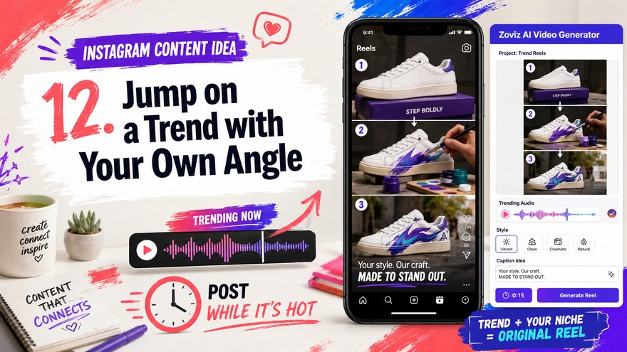 Instagram content idea showing a trending audio adapted into an original product Reel using Zoviz AI Video Generator.