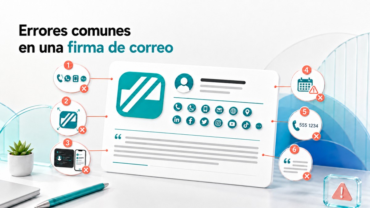 Errores comunes al diseñar una firma de correo, como incluir demasiados iconos, usar un logotipo pesado, no probar el modo oscuro, mostrar datos antiguos y olvidar el código de país.