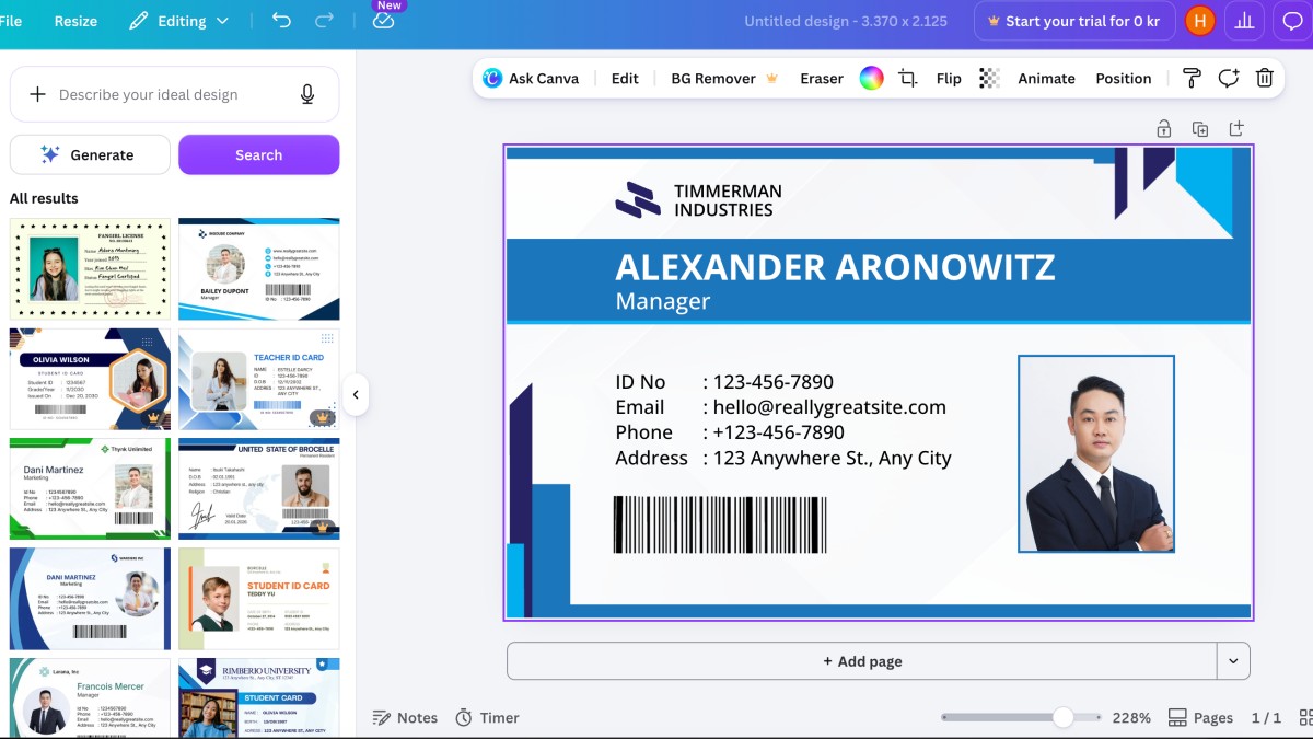 Canva's ID Card Maker panel