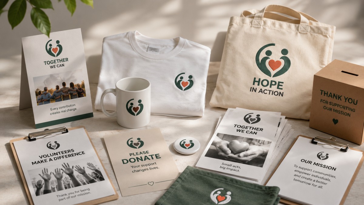 A simple nonprofit logo applied consistently across donation flyers, volunteer shirts, tote bags, mugs, and printed materials, showing how charity branding must remain recognizable across different formats and production methods.