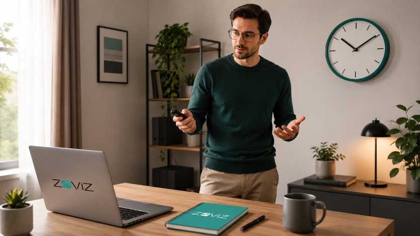Person übt allein im Büro eine Präsentation mit Klicker und Laptop und überprüft dabei die Zeit.