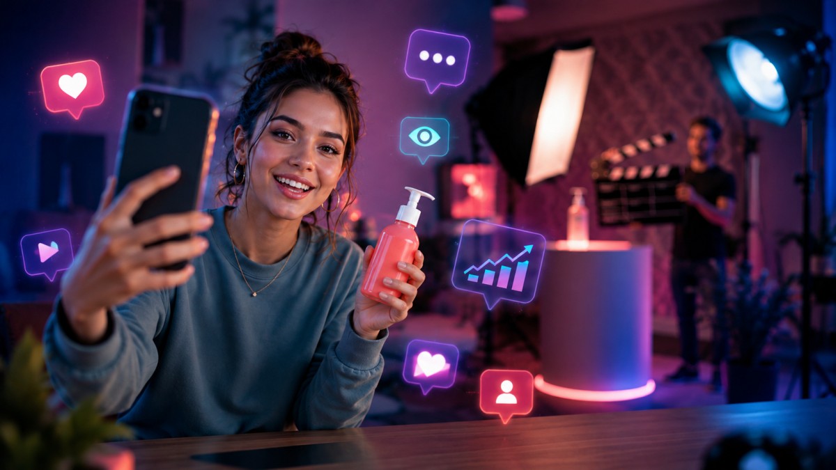  Authentic creator filming a product video while a polished commercial is produced in the background