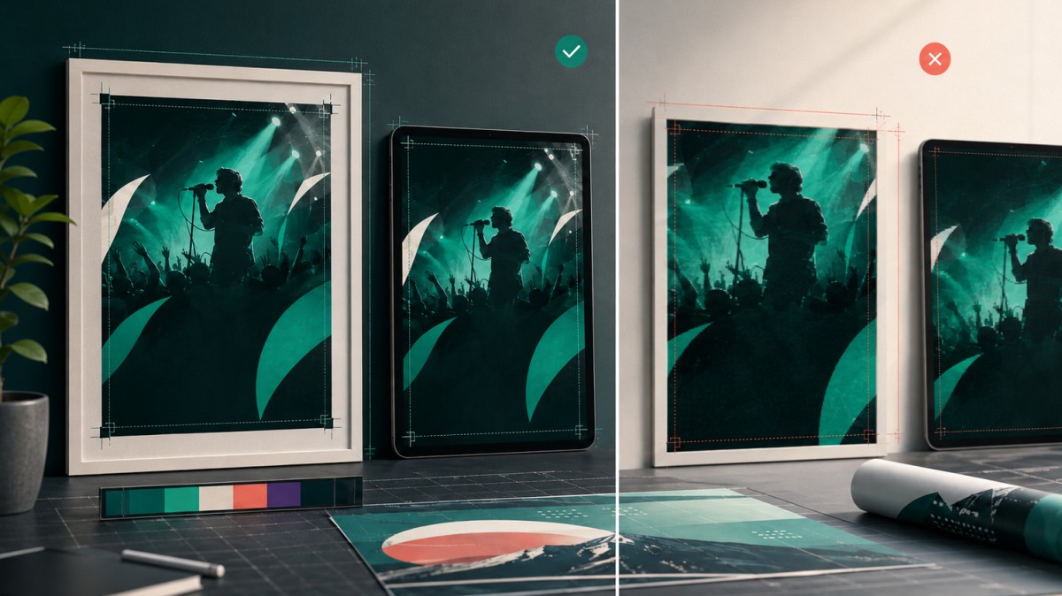 مقارنة بين بوستر بالمقاس الصحيح يظهر بوضوح على المطبوعات والشاشات، وتصميم بمقاس غير مناسب يتعرض للقص وفقدان الجودة