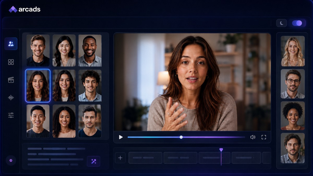 Arcads AI video generator interface showing realistic AI actors and a talking-head video preview.
