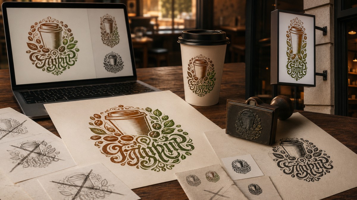علامات شعار محل قهوة هاوٍ بتصميم مزدحم وخط زخرفي غير واضح وتدرج لوني عشوائي بين البني والأخضر