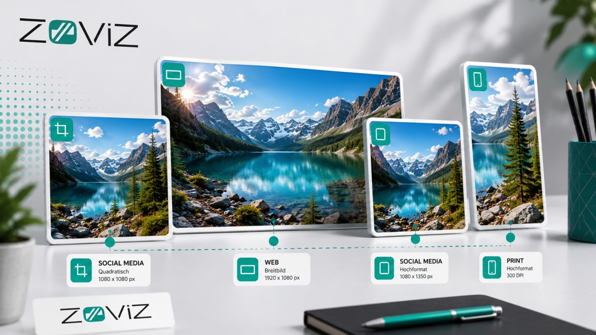 Ein Landschaftsfoto wird im Zoviz-Design für Web, Social Media und Druck in verschiedenen Größen und Seitenverhältnissen vorbereitet.