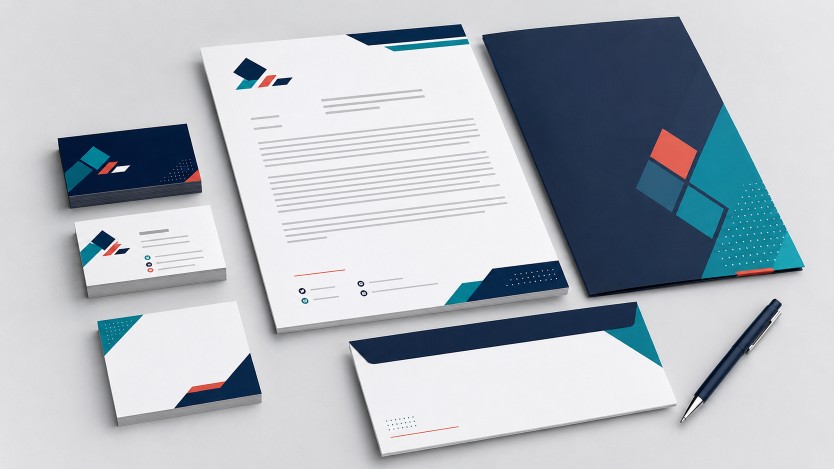 Professional letterhead layout with a branded header, contact footer, matching envelope, folder, and business cards