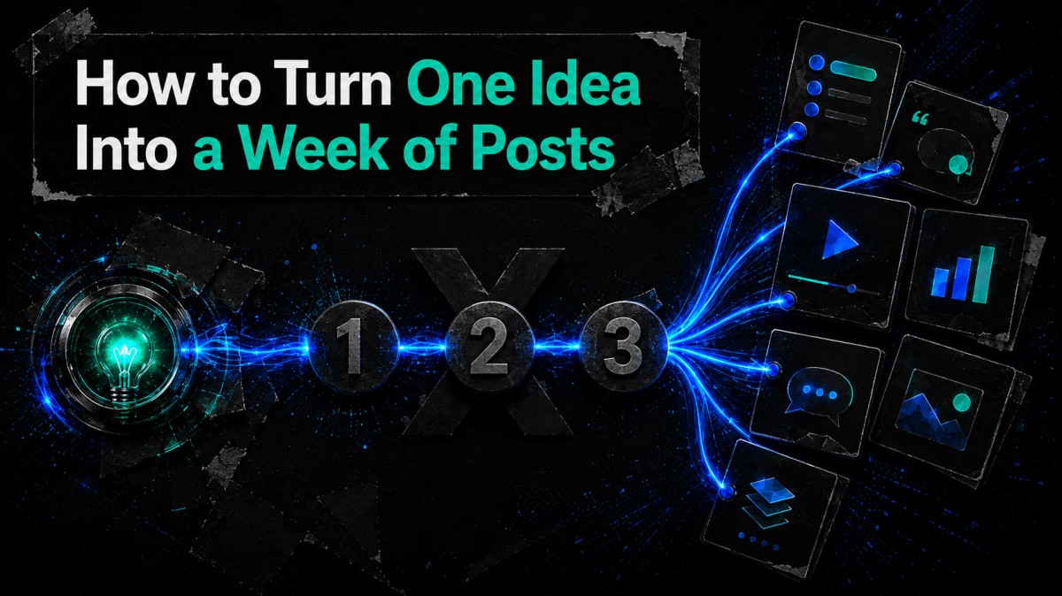 Three-step infographic showing one core idea reshaped into a question, short list, and image, then scheduled across a week and tracked through clicks and replies