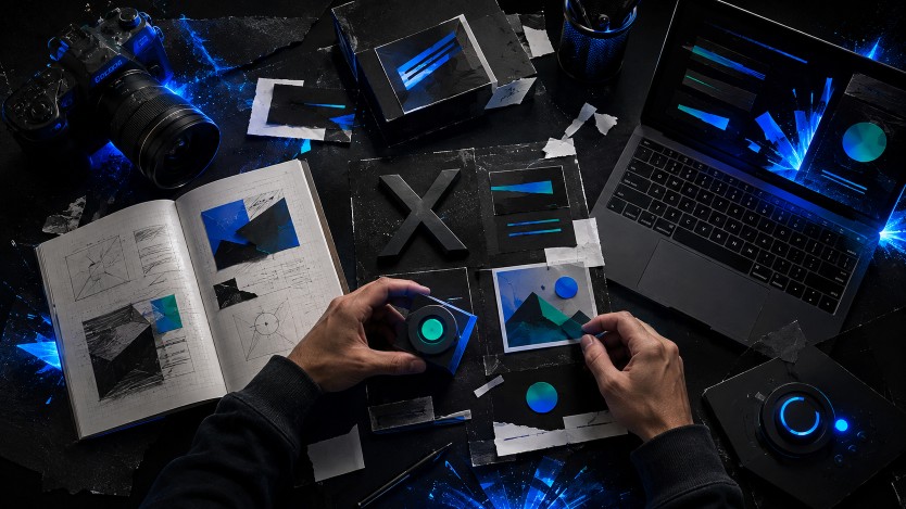 A cinematic behind-the-scenes content studio showing hands arranging creative assets, cameras, sketches, and digital tools around a subtle X symbol