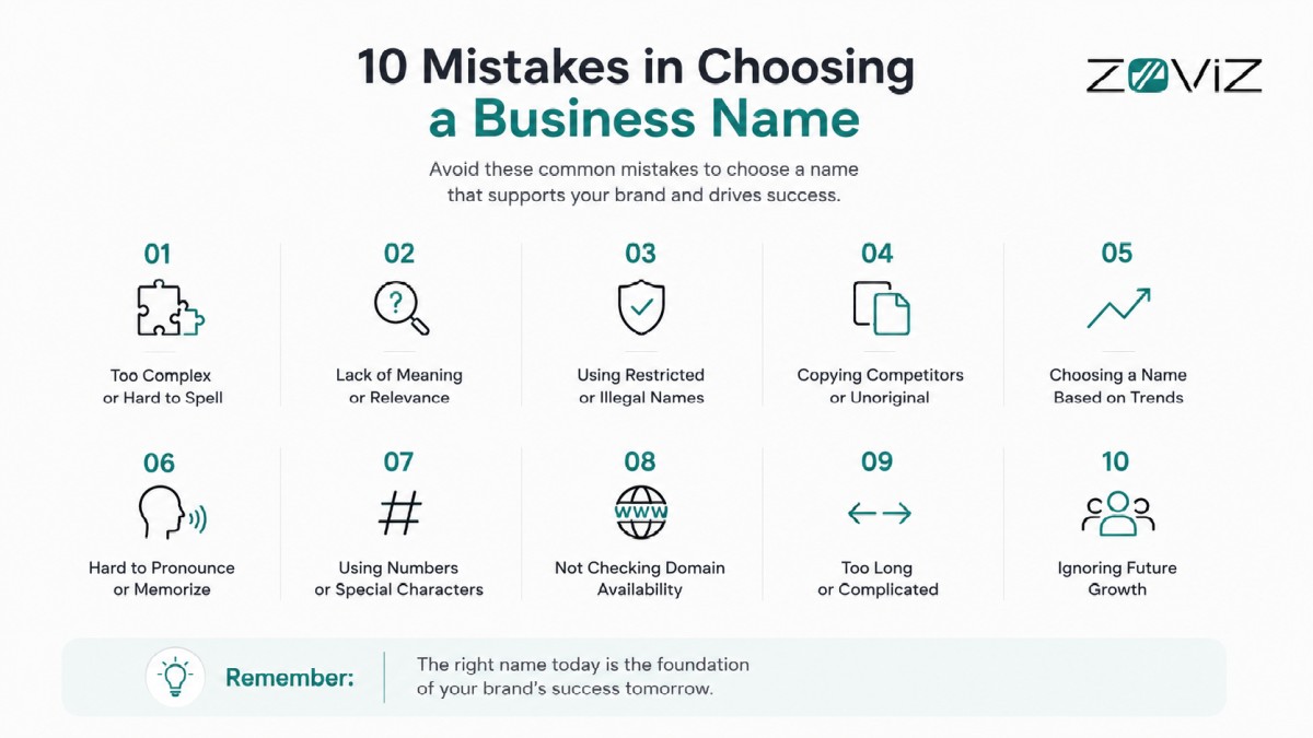 Infographic showing 10 common business naming mistakes to avoid.