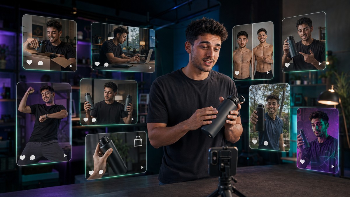 Male creator filming a product video surrounded by nine popular UGC formats, including unboxing, tutorials, reviews, transformations, community clips, and AI-remixed content