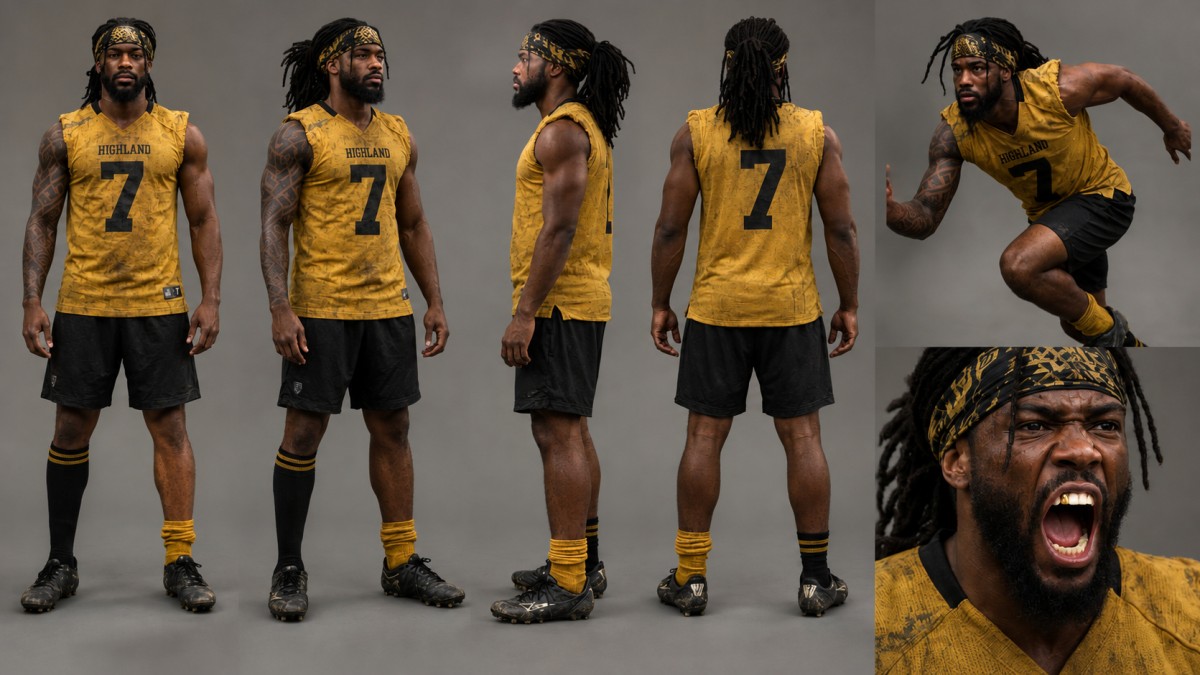 AI-generated character reference sheet showing the RAIO football hero from multiple angles, in action, and in a detailed facial close-up.