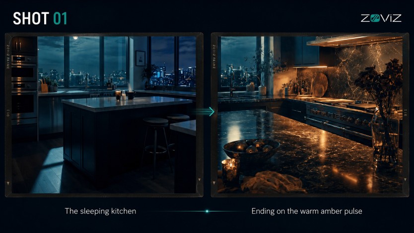 Shot 01 as rendered: the sleeping kitchen, ending on the warm amber pulse