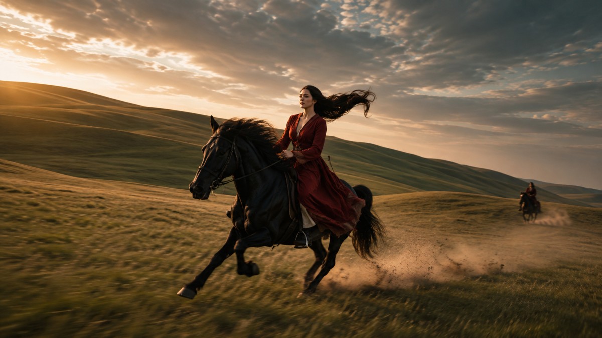 AI-generated cinematic scene of a woman riding a black horse across the Turkmen Sahra steppe at golden hour