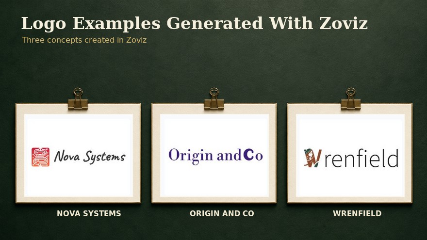 Three logo examples generated with Zoviz for Nova Systems, Origin and Co, and Wrenfield
