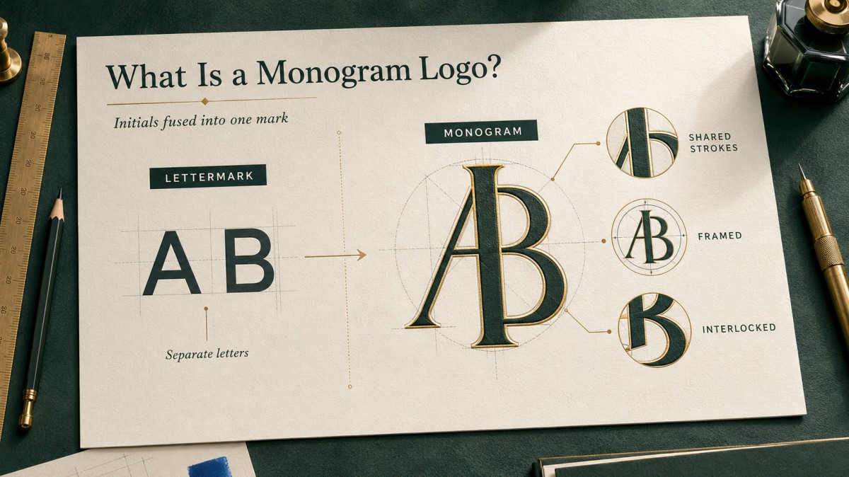 Lettermark and monogram logo comparison showing how separate initials become a single mark through shared, framed, or interlocked strokes