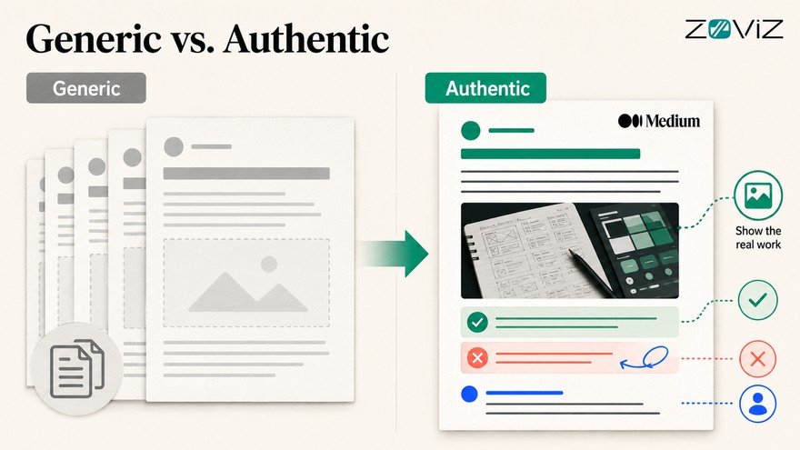 Comparison of generic templated content and an authentic Medium article showing real project work.