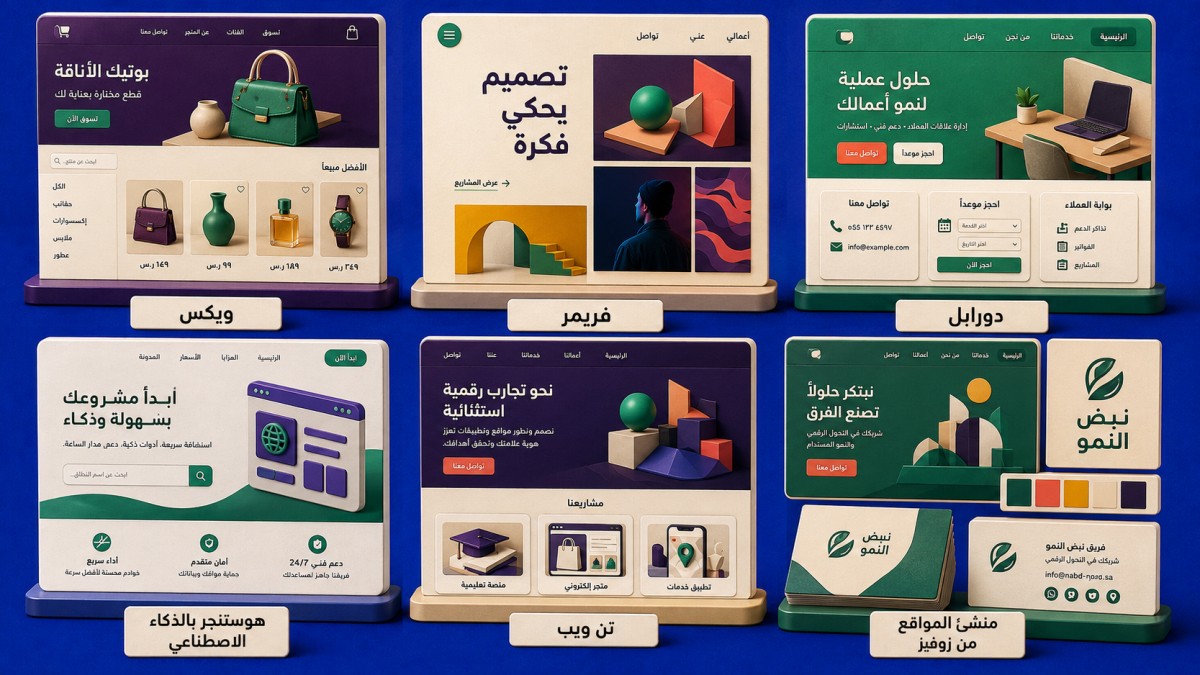 ستة نماذج مواقع من ويكس وفريمر ودورابل وهوستنجر وتن ويب وزوفيز، مع اسم كل أداة أسفل تصميمها.