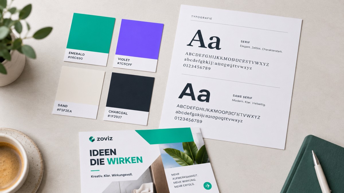 Farbmuster, Schriftproben und ein Flyer-Entwurf liegen übersichtlich angeordnet auf einem hellen Schreibtisch und zeigen die Auswahl von Farben und Typografie.