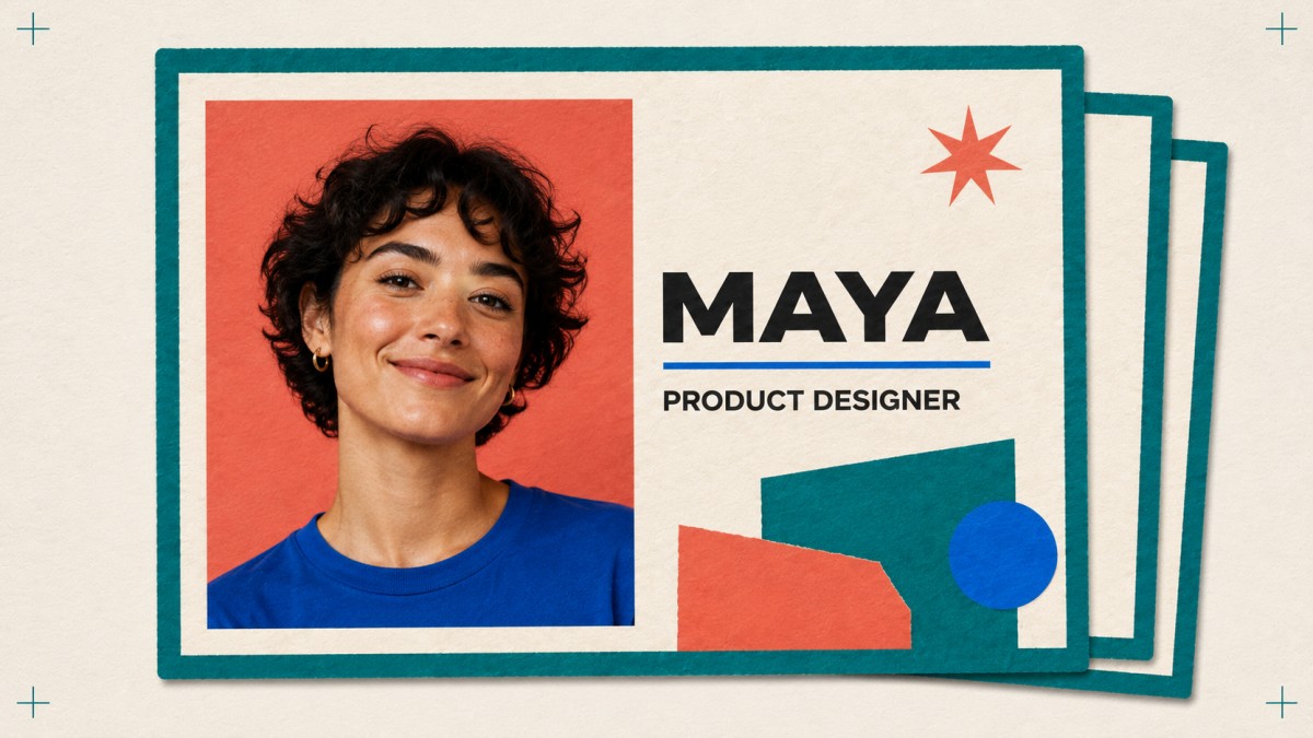 A colorful digital team card introducing Maya, a product designer, with a friendly portrait and layered paper design