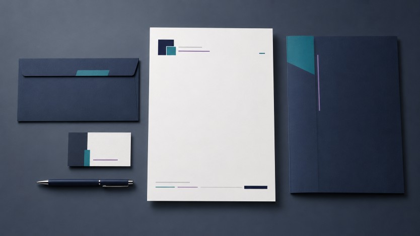 Coordinated business letterhead, envelope, folder, and business card in a modern brand identity system
