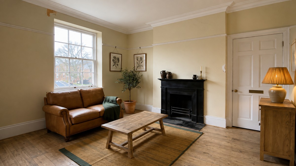 Cozy living room with a brown leather sofa, wooden coffee table, woven rug, potted plant, black fireplace, framed artwork, and a lit lamp beside a white door.