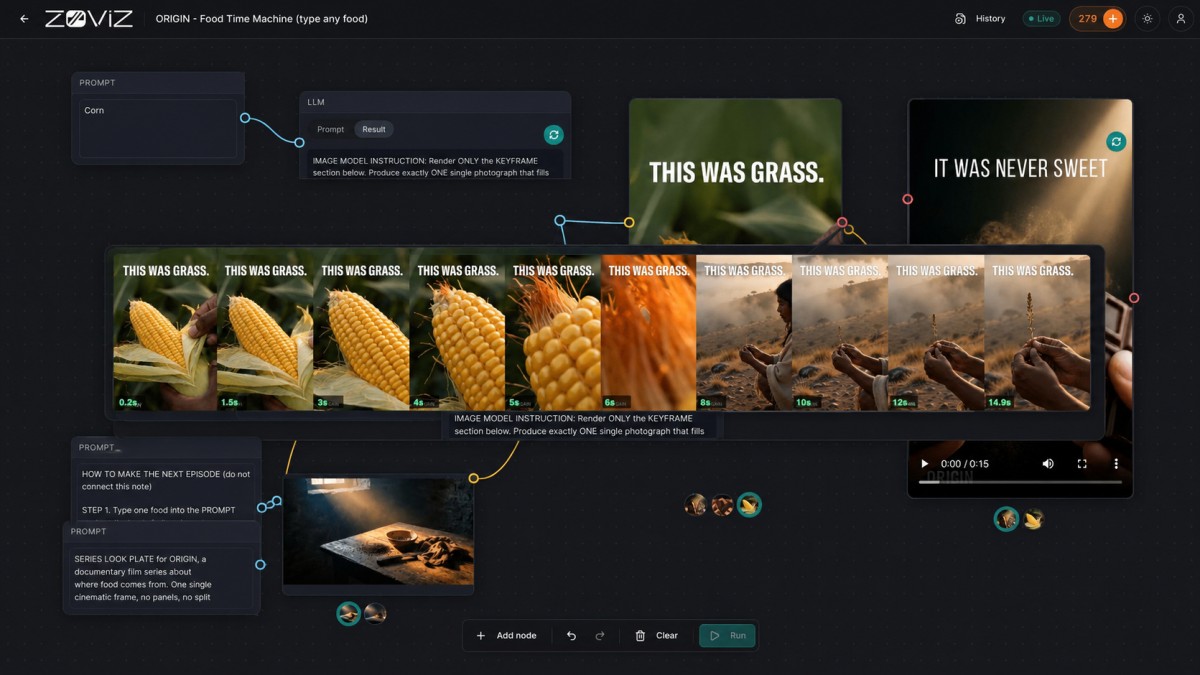 Corn, all 15 seconds. Modern cob at 0s, a luminous macro transition at 6s, the historical world arriving at 8s, and a single wild teosinte stalk held in two hands at the end.