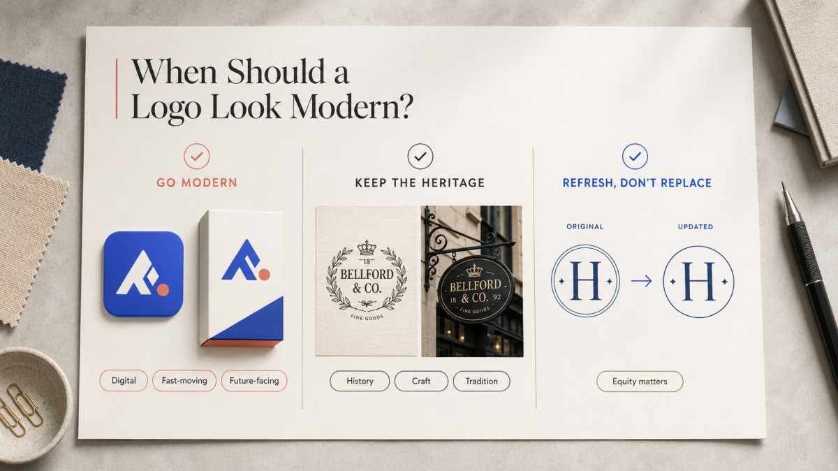 Modern logo decision guide comparing modern branding, heritage logo design, and logo refresh options