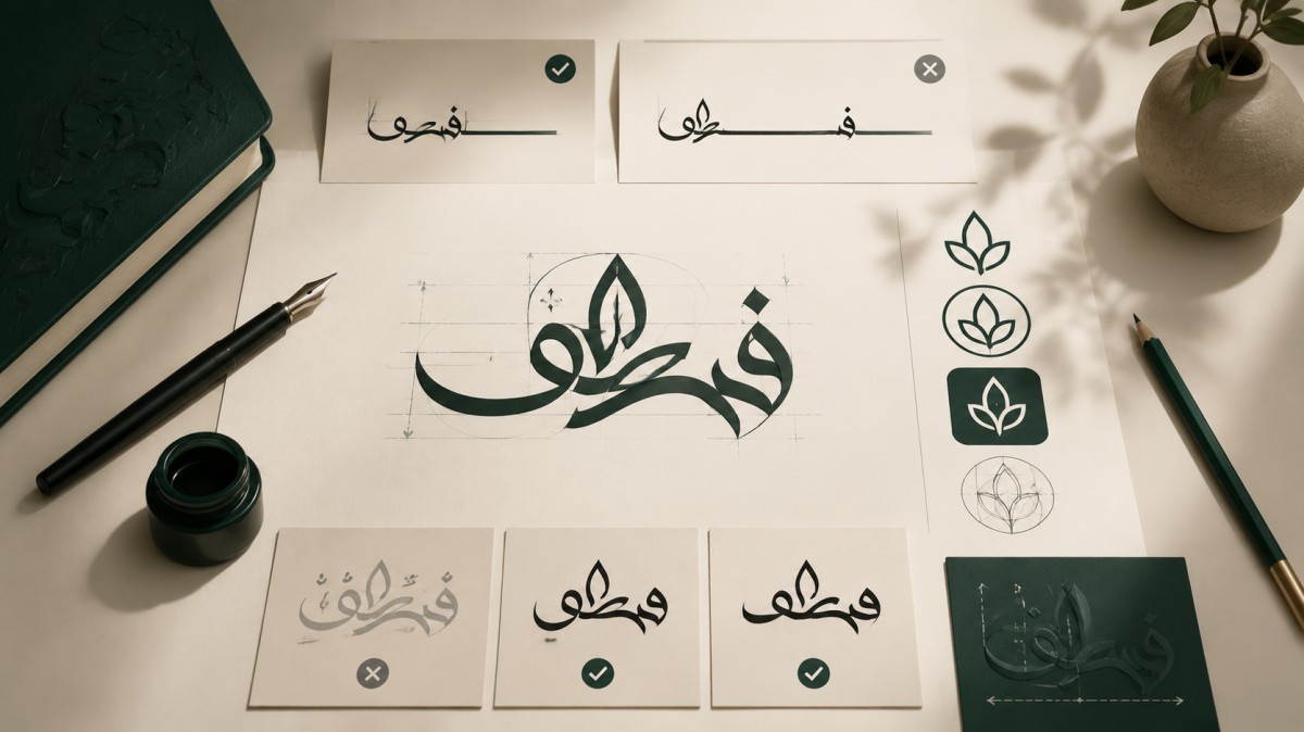 تصميم شعار بالخط العربي يوضح مراحل اختيار الخط وتوازن الحروف والزخارف في هوية العلامة التجارية