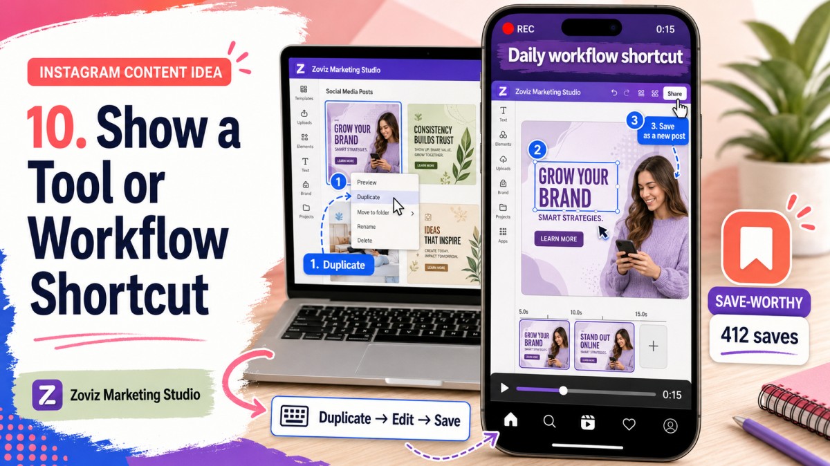 Instagram content idea showing a 15-second screen recording of a daily workflow shortcut inside Zoviz Marketing Studio.