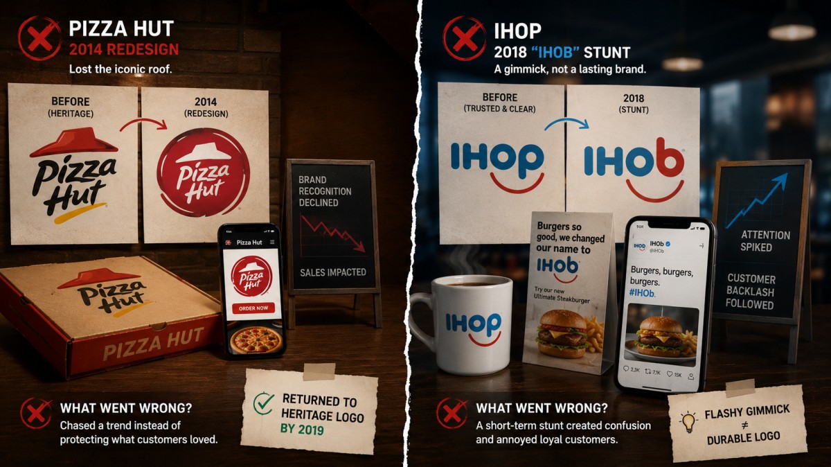 Visual comparison of Pizza Hut’s 2014 logo redesign and IHOP’s 2018 IHOb campaign, showing how trend-driven restaurant branding can weaken recognition and confuse customers.