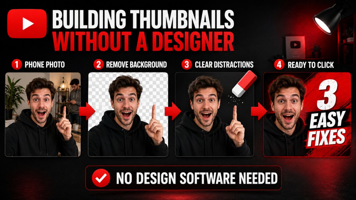 Alt: Four-step workflow for creating a YouTube thumbnail without a designer by removing the background, clearing distractions, and adding a bold branded layout.