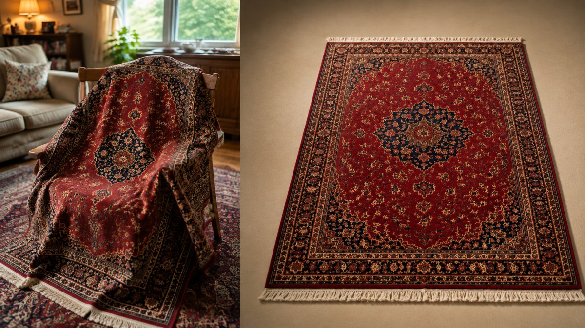 Persian carpet shown as a casual phone snapshot and a polished studio product photo