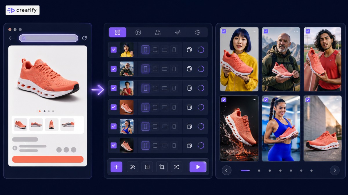 Creatify interface turning a product page into multiple AI video ad variations for high-volume creative testing.