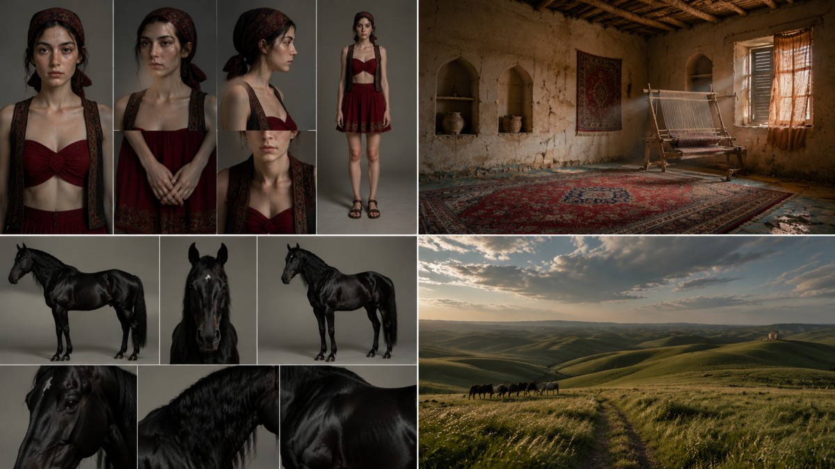 Character, black horse, abandoned Iranian village house, and Turkmen Sahra landscape reference designs