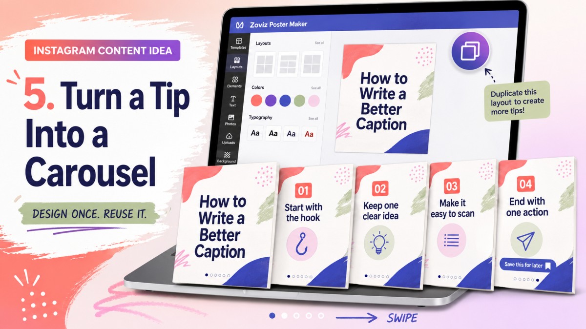 Instagram content idea showing one client tip divided into a reusable five-slide carousel designed with Zoviz Poster Maker.