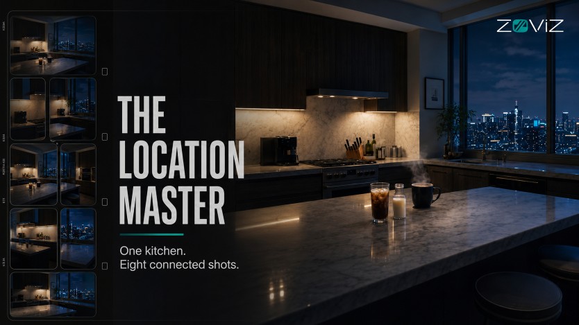 The location master: an empty midnight kitchen that every shot returns to