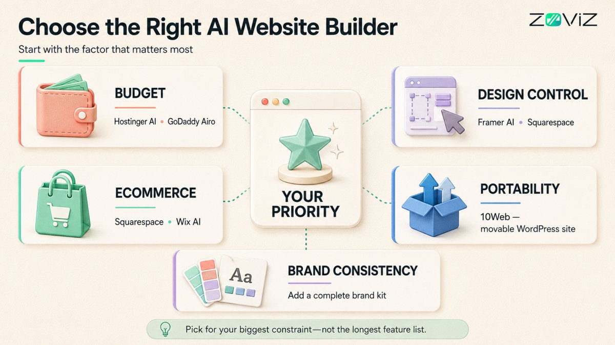 AI website builder guide by budget, design, ecommerce, portability, and branding