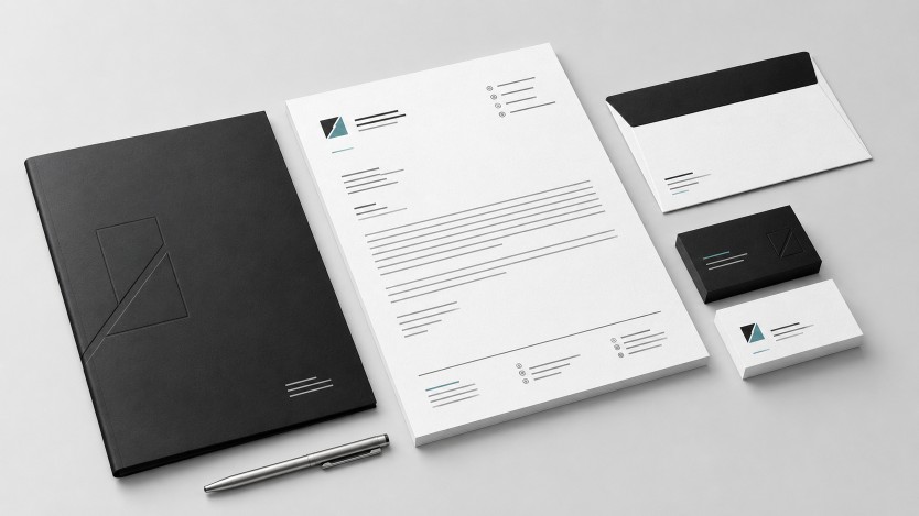Formal corporate letterhead with legal details in the footer, matching envelope, folder, business cards, and pen