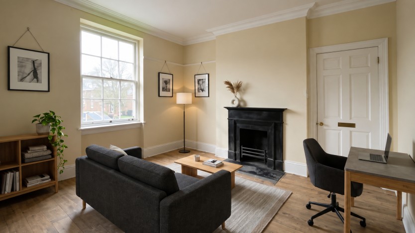 Bright living room with gray sofa, wooden coffee table, black fireplace, desk area, large window, framed artwork, and indoor plants.